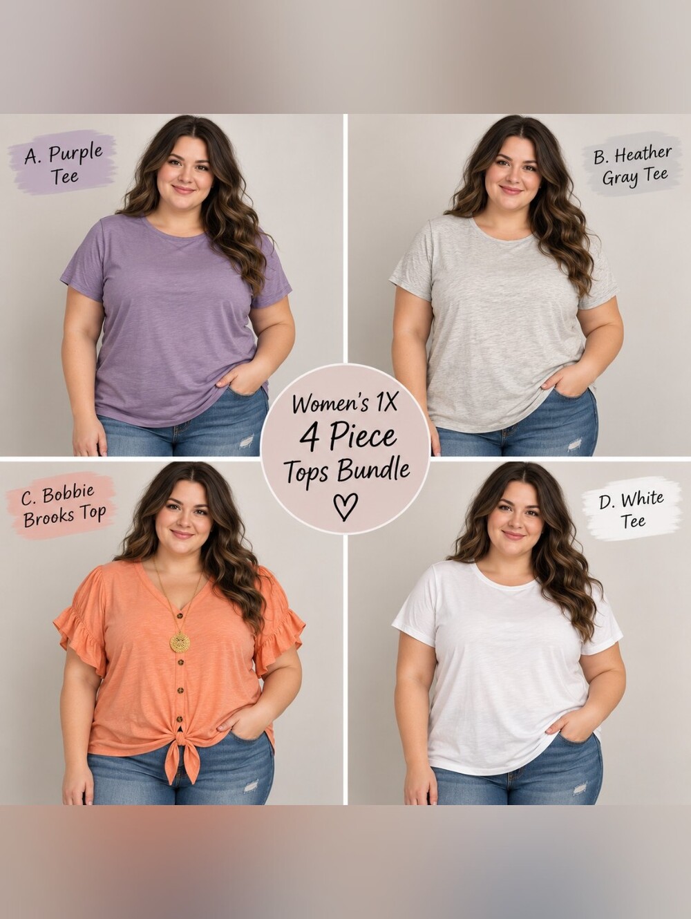 Women’s 1X 4-Pc NWT Tops Bundle Bobbie Brooks Purple Gray White Peach